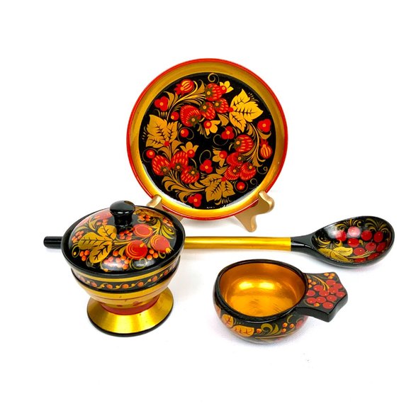 Vintage Russian Lacquerware Khokhloma Set Of 5 Wooden Items - Picture 2 of 16